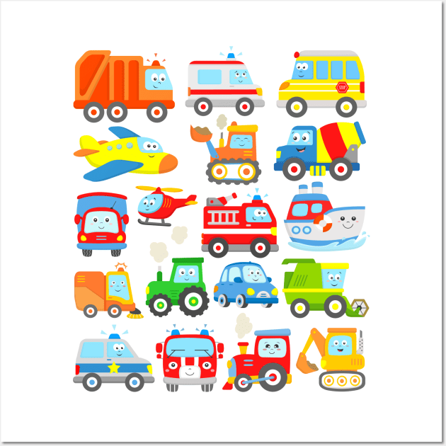 Cars and Trucks with Planes, Helicopter and Boat for Kids Wall Art by samshirts